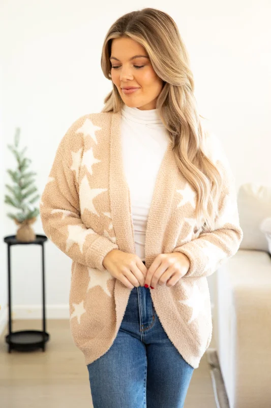 Tan and Off White Star Print Cardigan