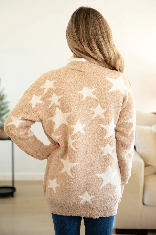 Tan and Off White Star Print Cardigan