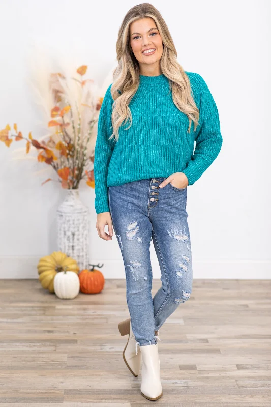 Teal Ribbed Round Neck Sweater