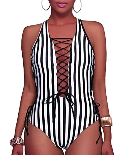 Criss Cross Cut Out Thong One Piece Swimsuits-Blue White Stripe