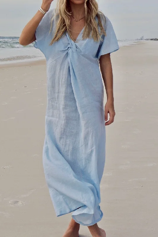 Knot Linen Dress Long Blue