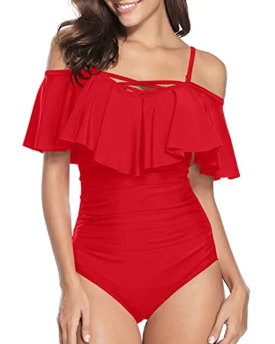 Women Sexy Off Shoulder Tummy Control Bathing Suits Vintage Ruffle Swimwear-Red