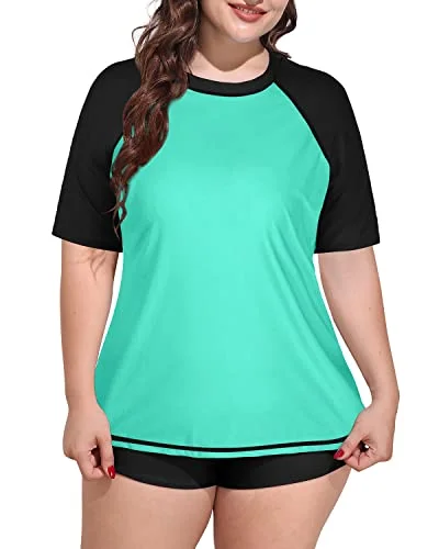 Plus Size Women's Crew Neck Rash Guard Swimsuit-Light Green Black