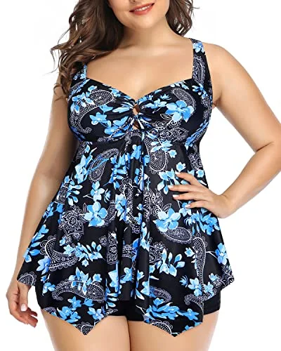 Plus Size Adjustable Shoulder Strap Tankini Swimsuits For Women-Black Floral