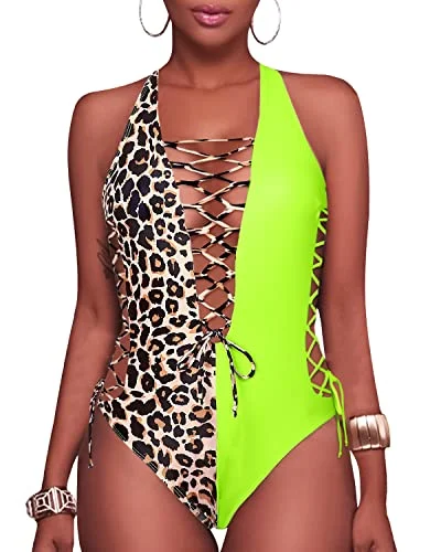 Chic Strappy Cutout Lace Up Monokini Swimwear-Lepoard And Green