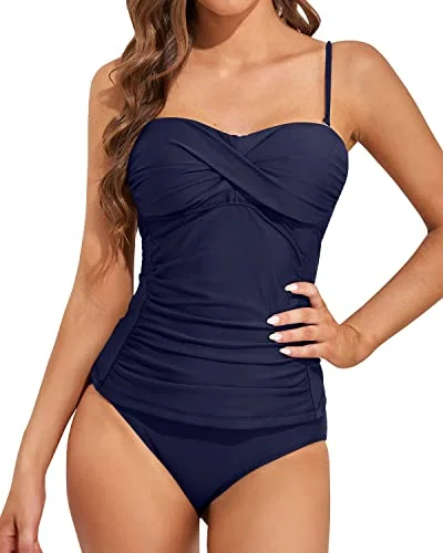 Flattering Bandeau Tankini Swimsuits For Women-Navy Blue