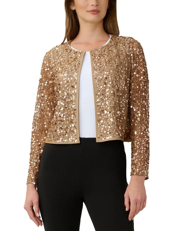 Womens Mesh Sequined Collarless Blazer